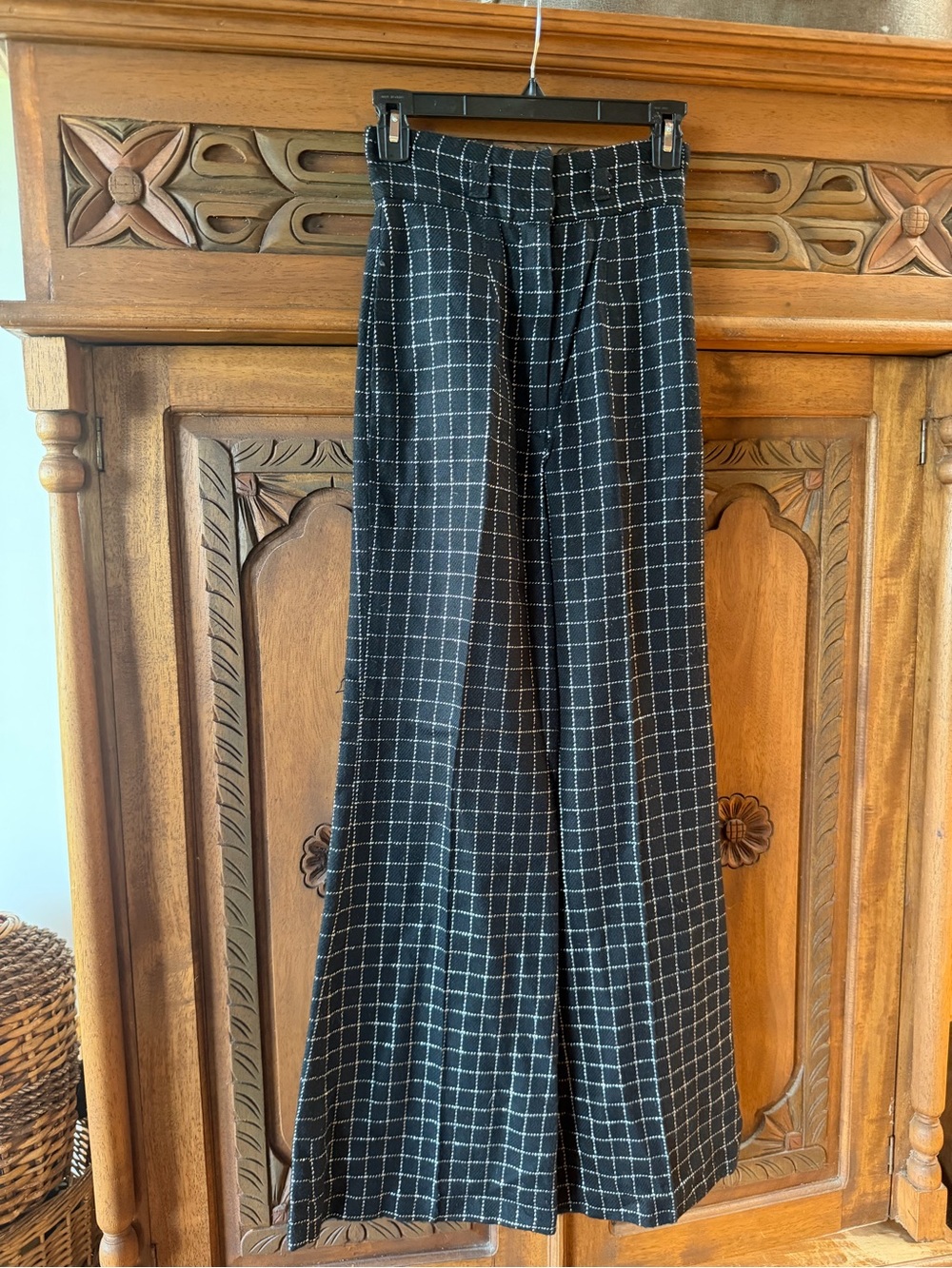 Vintage KELITA New York bell bottom wool plaid pants with silver Lycra checks